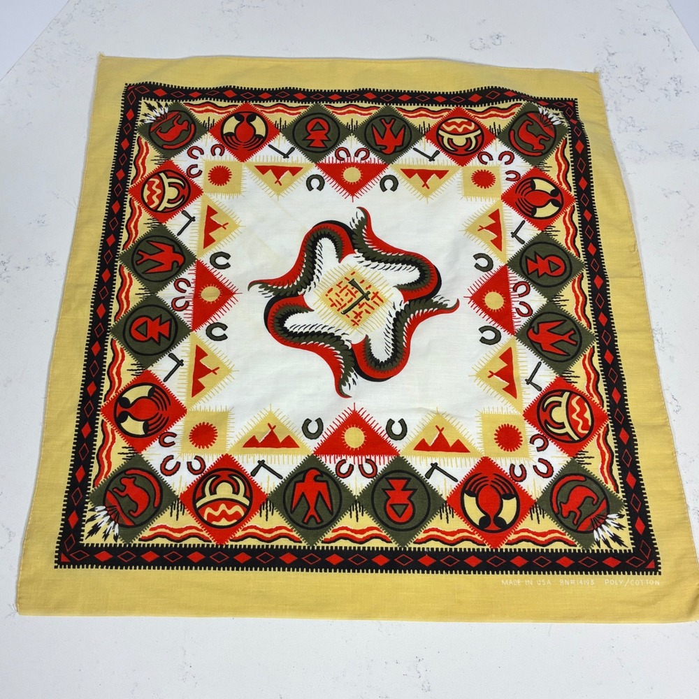 Vtg Bandana Southwestern Thunderbird Folk Art Cowboy Americana Boho Desert Retro